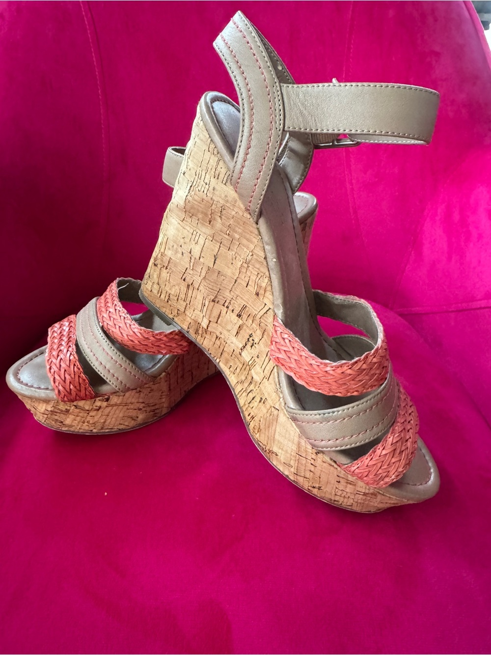 Charles David Coral Braided and Tan Wedge Sandals SIZE 7
